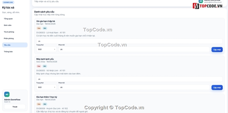 Code quản lý,quản lý,quản lý ký túc xá
